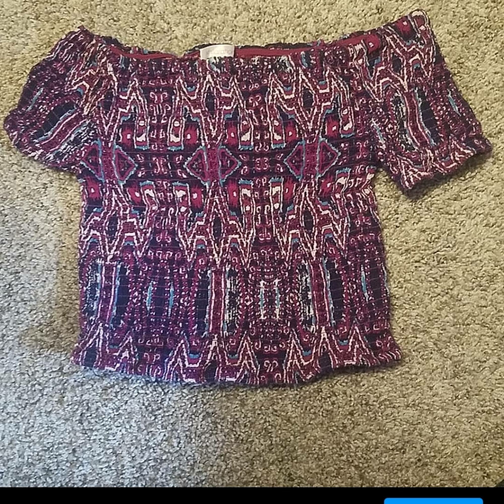 Purpleish stretchy off the shoulder crop top.